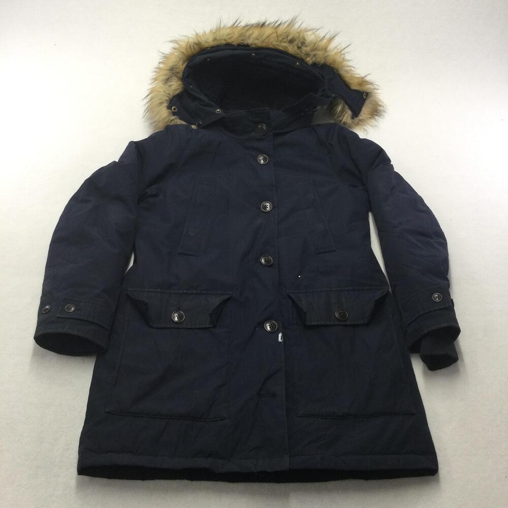 J.Crew Nordic Down Parka Coat Mens Small Blue Fur Hooded Thinsulate Winter